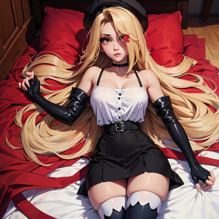 on bed, ((lied down)), (masterpiece, best quality:1.4), absurdres, highres, ultra detailed, beautiful, (secretary), (perfect face, detailed face, beautiful:1.3),(natural breasts, cleavage), collarbone, fingerless gloves, gloves,spaghetti strap top, black pencil skirt, tight, over the knee skirt, hat, elegant secretary outfit, thighhighs, thick thighs, thighs, multiple belts, More detailed 8K.motor irreal:1.4,UHD,La mejor calidad:1.4, fotorrealista:1.4, textura de la piel:1.4, obra maestra:1.8,obra-prima, mejor calidad,objeto Objeto], (detailed face features:1.3),(manos detailed)