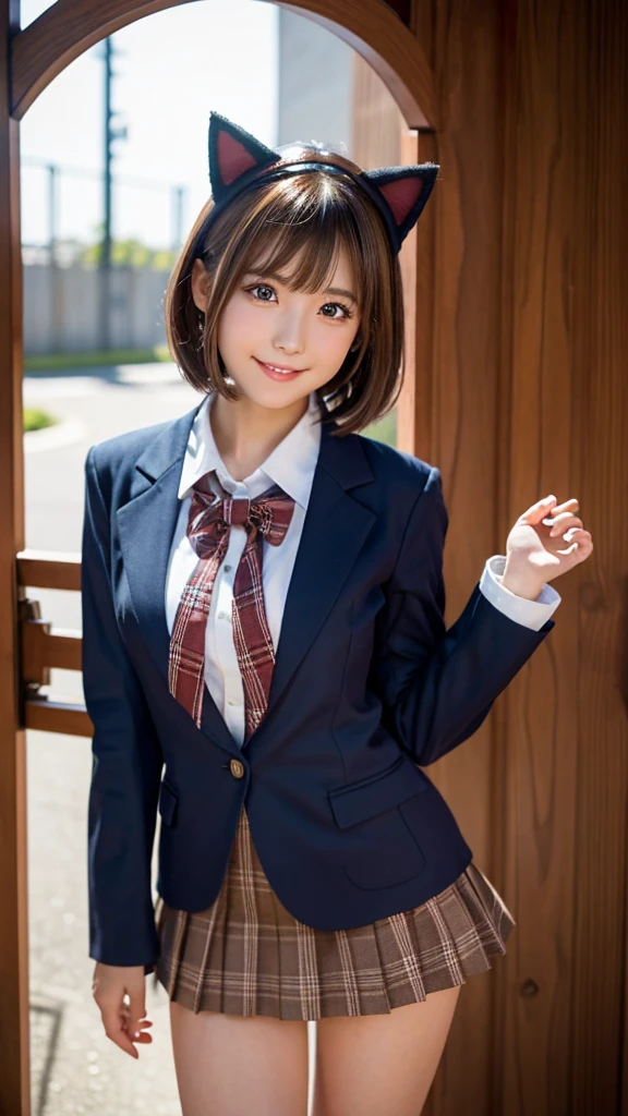 ((High school girl sitting at a table in the classroom))、The background is the classroom window.、Navy Blue Blazer、(White blouse)、Red bow tie、((Dark blue checked skirt))、8K,、Ultra-high resolution、Detailed Description、photograph,、Tabletop、Highest quality、((Beautiful Eyes、Short bob cut girl、Straight brown hair、White skin,、((Large bust : D Cup))、(((White blouseのボタンをはずしてオッパイを見せる)))、Various poses、((Center of chest : 1.1))、Highest quality、Tabletop,、Ultra-high resolution,、(Realistic:1.4)、RAWphotograph、(Perfect figure)、 (slim:1.3)、slimな腹部、Perfect slim figure、Dynamic pose、alone、Cold Light 12000K、(Realistic skin)、 charm、Ultra-high resolution、 超Realistic、Very detailed、(The wind blows up my skirt)、(smile)、 (Realistic skin)、charm、Ultra-high resolution、超Realistic、Very detailed、(The wind blows up my skirt)、(Lift up the skirt)、(White panties are visible)、(smile)、Cowboy Shot、((From below)),