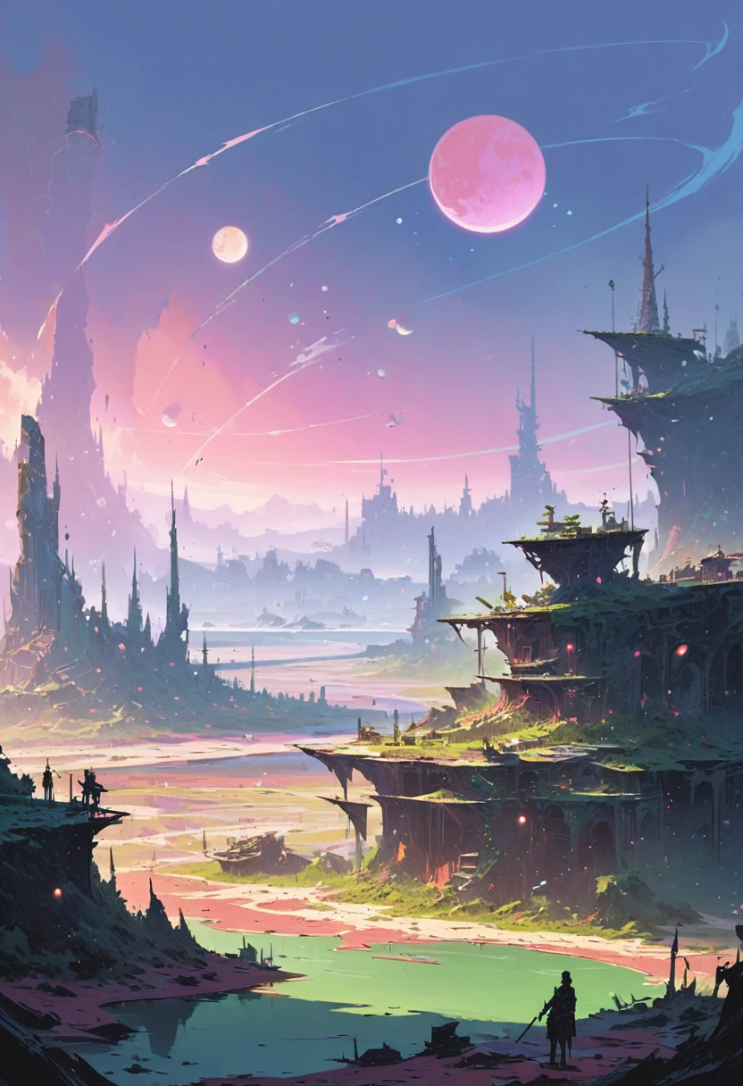 Acrylic Painting a vivid scifi illustration of landscape of a deserted planet with three moons of different sizes, ruins of a fantastic city in the style of the painter ZdzisBaw BeksiDski, ral-lava,