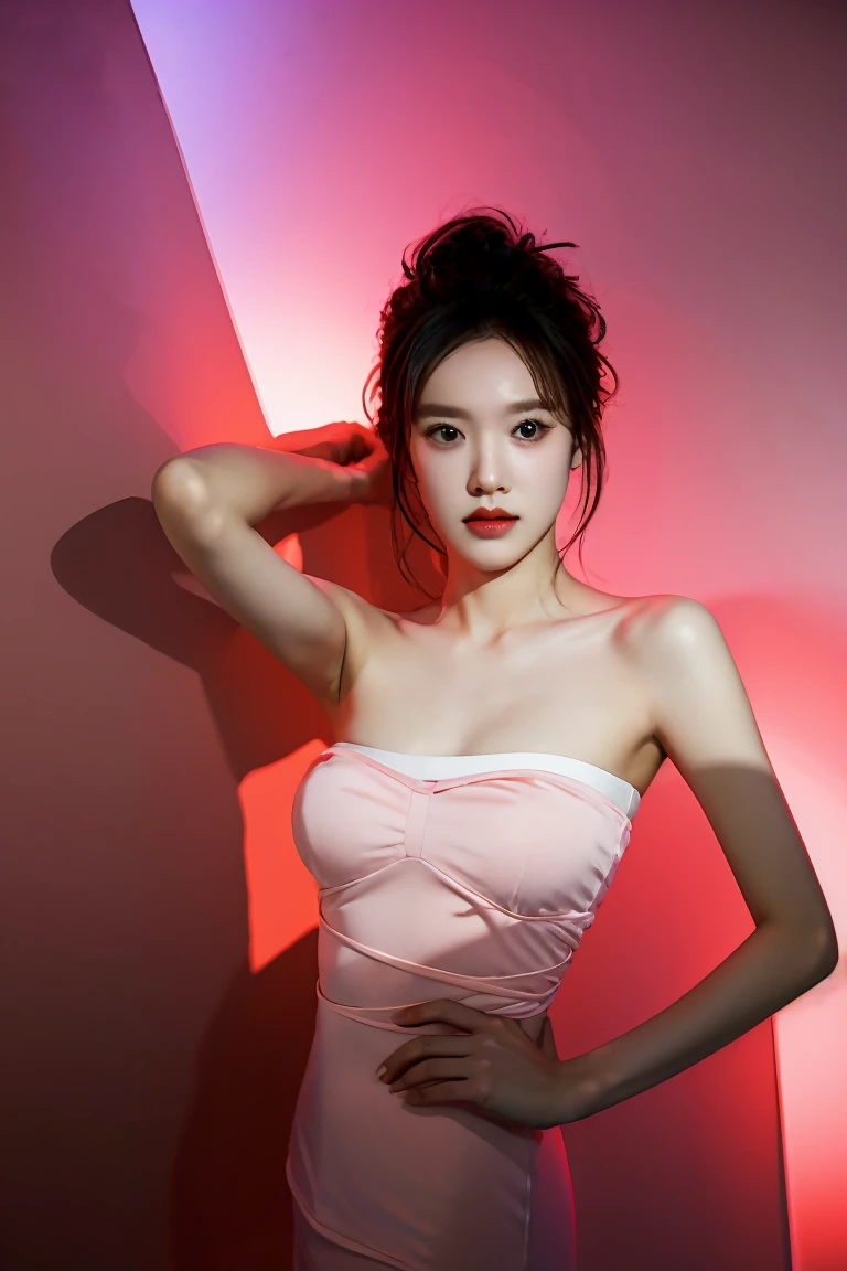 best quality, masterpiece, Ultra-high resolution, (Reality: 1.4), original photo, 1 Girl, Pink strapless, Movie Lighting