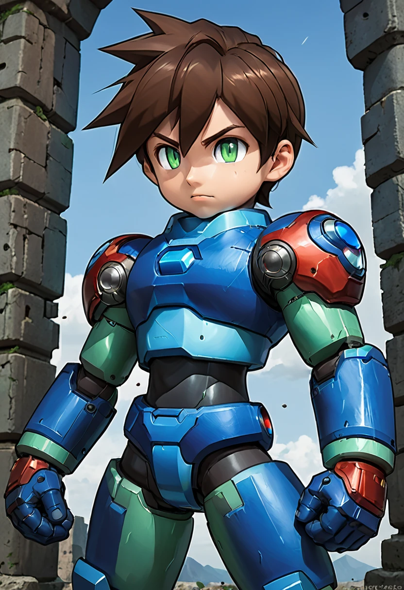 Highest quality,RAW Photos,Professional Art Works,m3g4m4n,Blue Armor,Muscular,Brown Hair, boy,Chibi,male focus, brown hair, green eyes, 独奏, android, hair between eyes,Ancient ruins with floating red and green crystals,Crying face,(((Huge muscles,Huge erect penis,Have sex with another Megaman))),Excessive sweating and drooling,Massive ,3boys