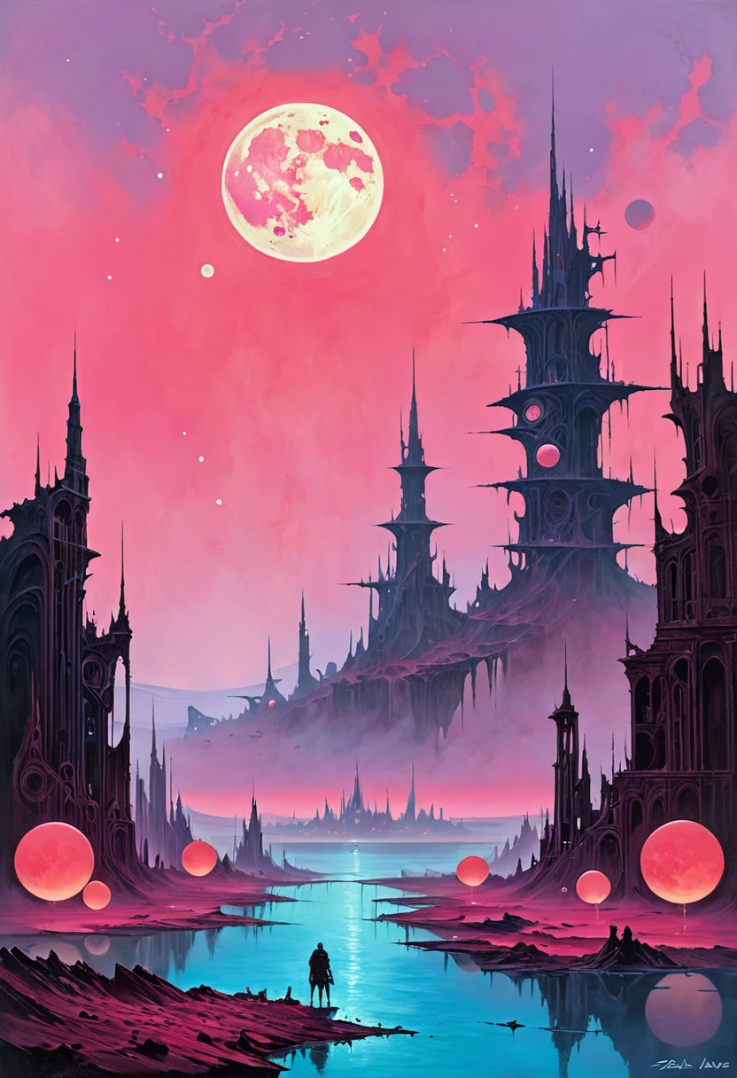 Acrylic Painting a vivid scifi illustration of landscape of a deserted planet with three moons of different sizes, ruins of a fantastic city in the style of the painter ZdzisBaw BeksiDski, ral-lava,