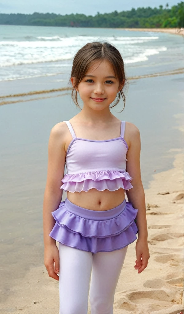 8k, masterpiece, cute, very pretty, Indonesian-Ukrainian, age 10, ((preteen)), pale skin, Innocent face, cute face, juvenile physique, beautiful body, Calm Eyes, (super ultra mini) frilled camisole, the stomach is seen, short tight legging, adorable, on the beach, blushing, pretty, flawless, Anatomically Correct, shy, embarrassed, Looking at the viewer, show off her cuteness