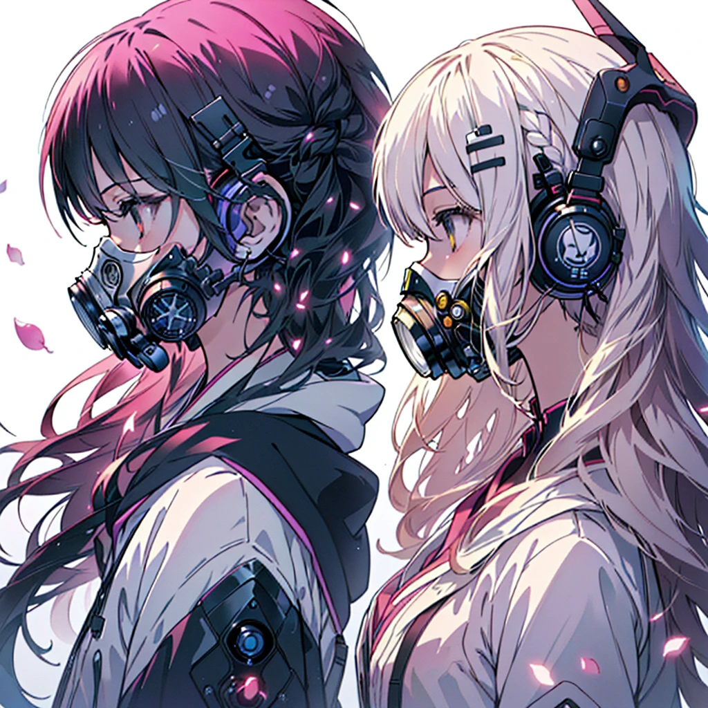 One girl,(((Highest quality、masterpiece、Official Art、Very detailed、Anime Style、Best dynamic composition、profile、Perfect Anatomy)))、 Headphones, hoodie, Vibrant colors, neon, White Background、gas mask、Flower Hair Ornaments、
