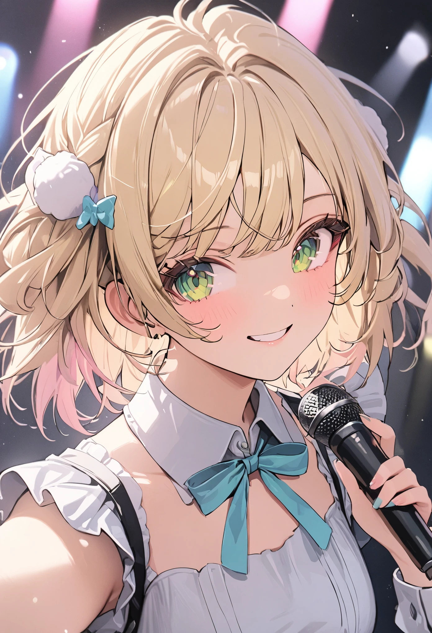 aashigure,live,Sing a song,microphone,Spread your arms,short blonde hair,green eyes,fun,Penlight,Penlight in the background,1girl, ho****ve, pastel colors, maid,happy,Retirement,bright,Light Masterpiece, best quality, newest, very aesthetic, absurdres, absolutely resolution, ultra detailed, 8k, super fine illustration, highly detailed beautiful face and eyes, perfect anatomy, professional lighting, hair pompom