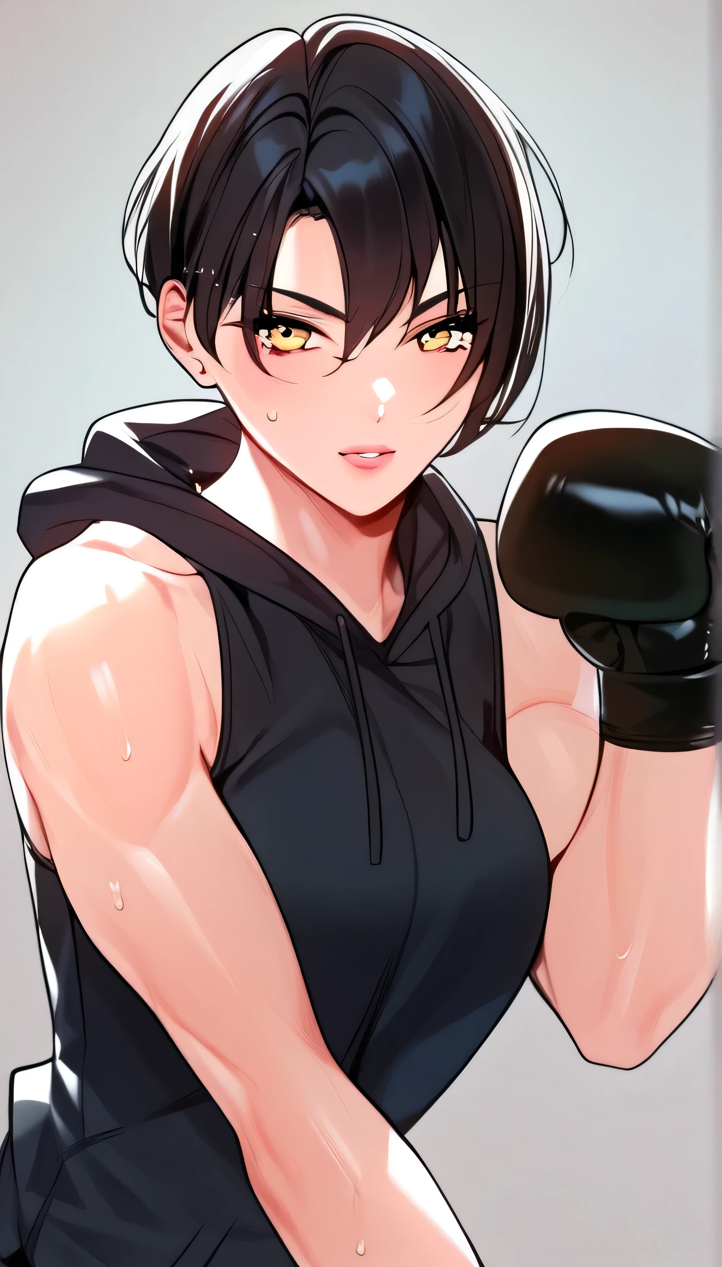 1 girl, black hair,masterpiece,best quality,highres,ultra-detailed,aashizue,yellow eyes,short hair,(sleeveless hoodie:1.2), boxing gloves, toned, sweating,boxing stance, (sleeveless:1.4)
