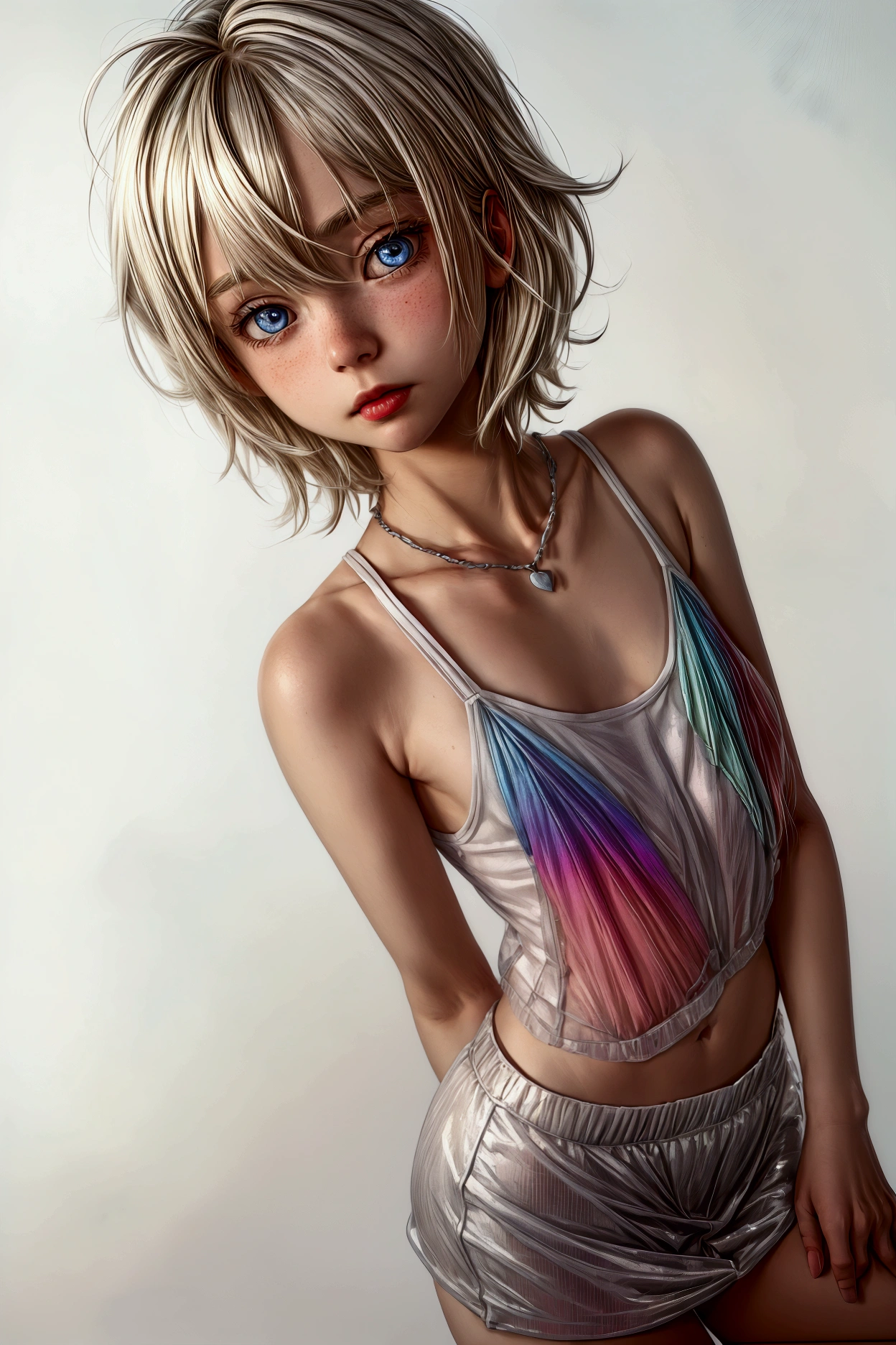 Anime style, Highres, Masterpiece, Best quality at best, Best Quality, hight quality, hight detailed, 1boy, (), boy, blonde boy, blond Hair, perfect boy body, cute boy, detailed light blue eyes, detailed eyes, short hair, messy hair, pastel rainbow inner hair color mesh, Neutral Facial Features, boy flirty posing, wears a too short unicorn color transparent cami tank top, without breasts, silver necklace with a pastel pink heart, boy chest, pastel rainbow mini skirt, beautiful long legs, hot summer sunset on the beach, highest quality,