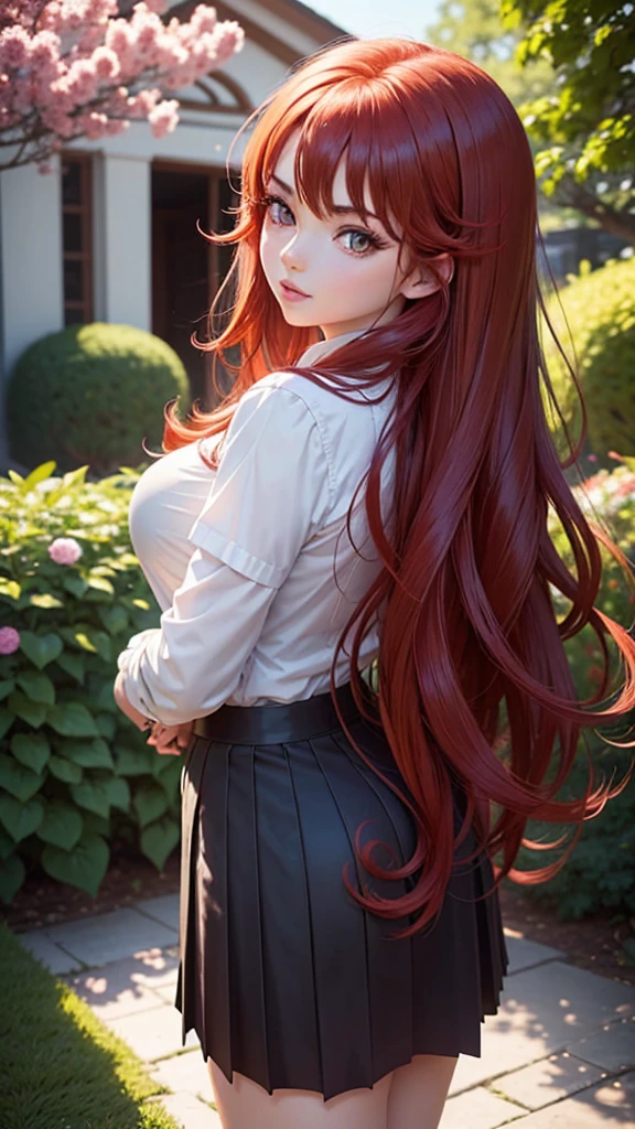 (Rias Gremory:1.1),beautiful detailed eyes,(school uniform) with meticulous details,red hair flowing down her back,long eyelashes,fierce and confident expression,standing in a garden filled with vibrant flowers,soft sunlight illuminating her figure,immaculate complexion,graceful posture,clear blue sky in the background,artistic portrait,high resolution and realistic rendering,vivid colors and sharp focus,portrait in an anime style