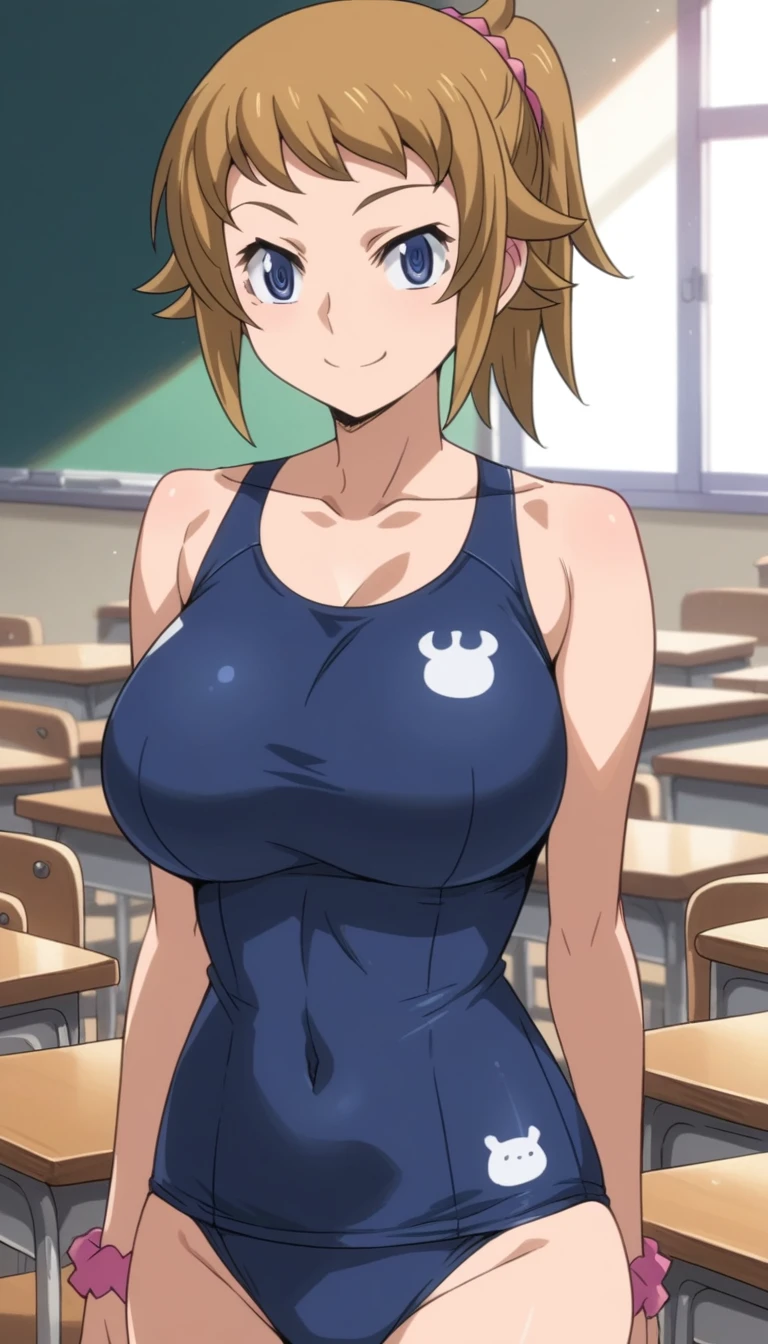 Score 9, Score 8 up, Score 7 up, The evaluation is questionable,
Detailed Background, Glowing Skin,Fumina Hoshino, Fumina Hoshino, blue eyes, Brown Hair, ponytail, Scrunchie, Sexy pose,Are standing,huge breasts,Not enough people,whole body,thin,smile,from the front,Daytime,In the classroom,Anime Style,high quality,masterpiece,Very detailed,Japanese,School Swimsuit