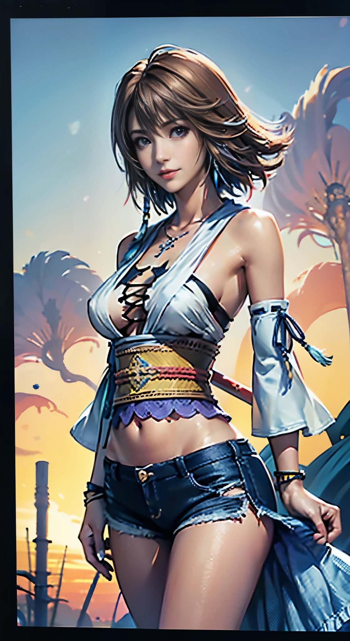 4K,masterpiece, highres, ultra detailed), 1 female, 2, yuna of final fantasy x2, more mature looking, ((simple background)), plain dark background, ((nothing in background)), hyperrealistic, yuna's final fantasy costume, Yuna's original costume design in Final Fantasy X2, (((https://www.creativeuncut.com/gallery-01/ff10-2-yuna2.html))), tattered skimpy denim shorts, asymmetrical clothing features, sash on left hip, best clothing simulation, no collar, 1female, windy night, yuna's bob hair style, busty, cleavage, middle_breast, thicc body, smile, no dangling sleeves, close-up shot, full frontal shot, zoomed in shot, head to hips image scope, closed-mouth smile, head to hips, character facing and looking at camera, looking at you, YunaFFX, blue-beaded earring, show nipples, medium breasts, show vagina, spread legs.