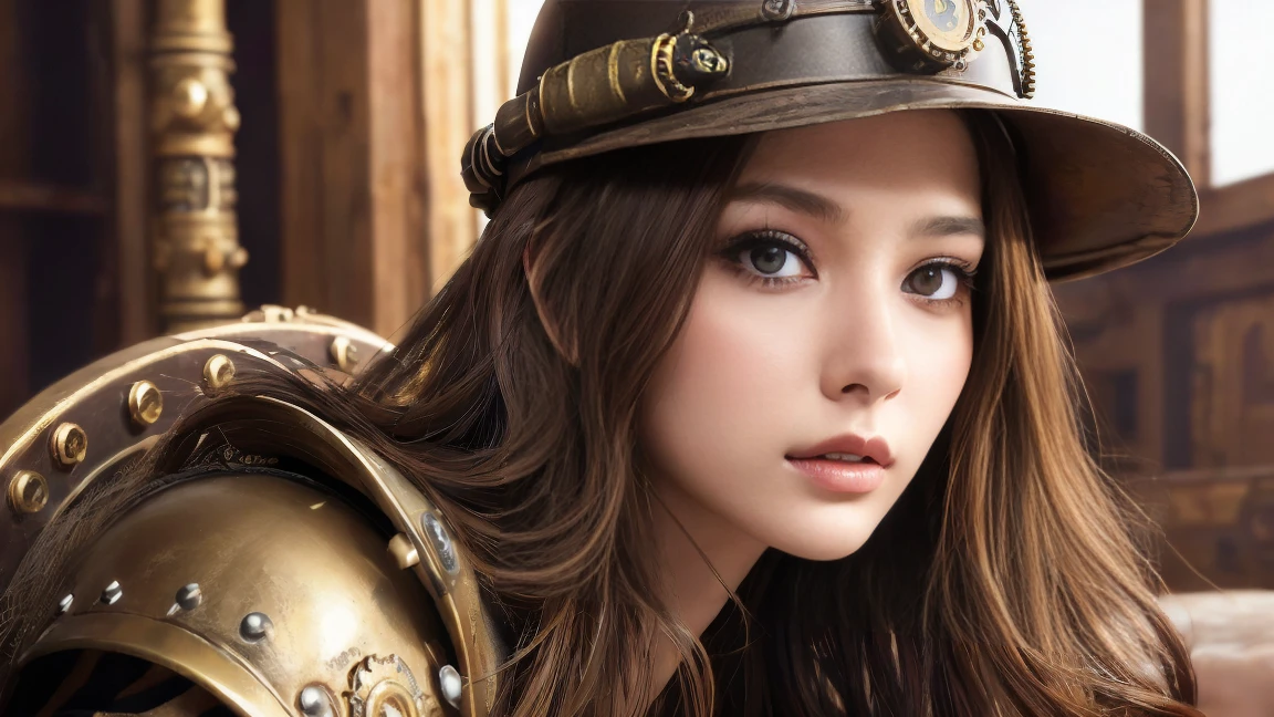 ((masterpiece, Highest quality, High resolution, 8K wallpaper incorporating highly detailed CG,Super detailed)), (Huge and stunning goddess shot, Very hot and sexy, Incredible beauty, Perfect Proportions, Beautiful body, The beauty of a glamorous body:1.3)、Japanese、Mature Woman、Beautiful Face、Beauty、Beauty、Cute woman、Alluring、Super big breasts、Cute eyes、Detailed Eyes、Brown eyes、Long eyelashes、Brown Hair、steampunk、armor、armor、Helmet、pocket、Evacuate