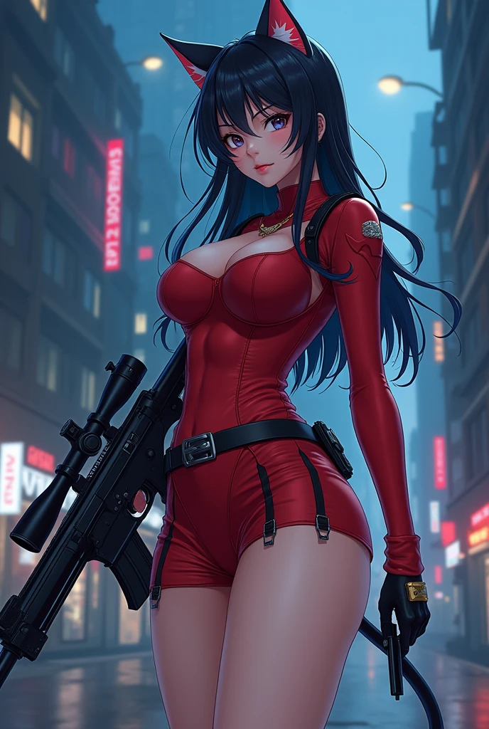 (masterpiece, best quality:1.2), cowboy shot, solo, 1girl, akame \(akame ga kill!\), expressionless, closed mouth, look at the viewer, black bodysuit, leggings, red tie, sleeveless, ass, wide hips, erotica