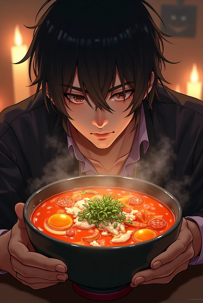 At night, by the window, Red Moon, a handsome boy, eating a large piece of raw meat, about to turn into a zombie, short black hair, white suit, red eyes, raw meat, coffee table, no plate, no blood, highly real, 4K, chiaroscuro, super high detail, there is energy flow, energy
