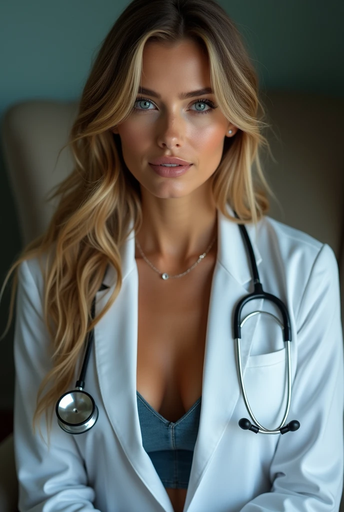 work of art, best qualityer, Centered in the frame, woman with penis, skin tanned, stressed expression, busty, fully body, dark circles, (completely naked), (big breasts), stethoscope, Jumpy, Pink full lips, messy ponytail, bright green hair, sofa landscape, greeneyes, paramedic uniform, freckles, comely