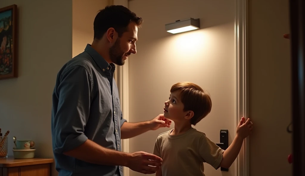 "IMAGE OF A BOY, ASKING HIS FATHER A QUESTION, ARE STANDING, INSIDE A HOUSE, FATHER WITH 45 YEARS OF AGE, BOY WITH 10 YEARS OF AGE, 4K, HYPER REALISTIC" (language: pt) --auto