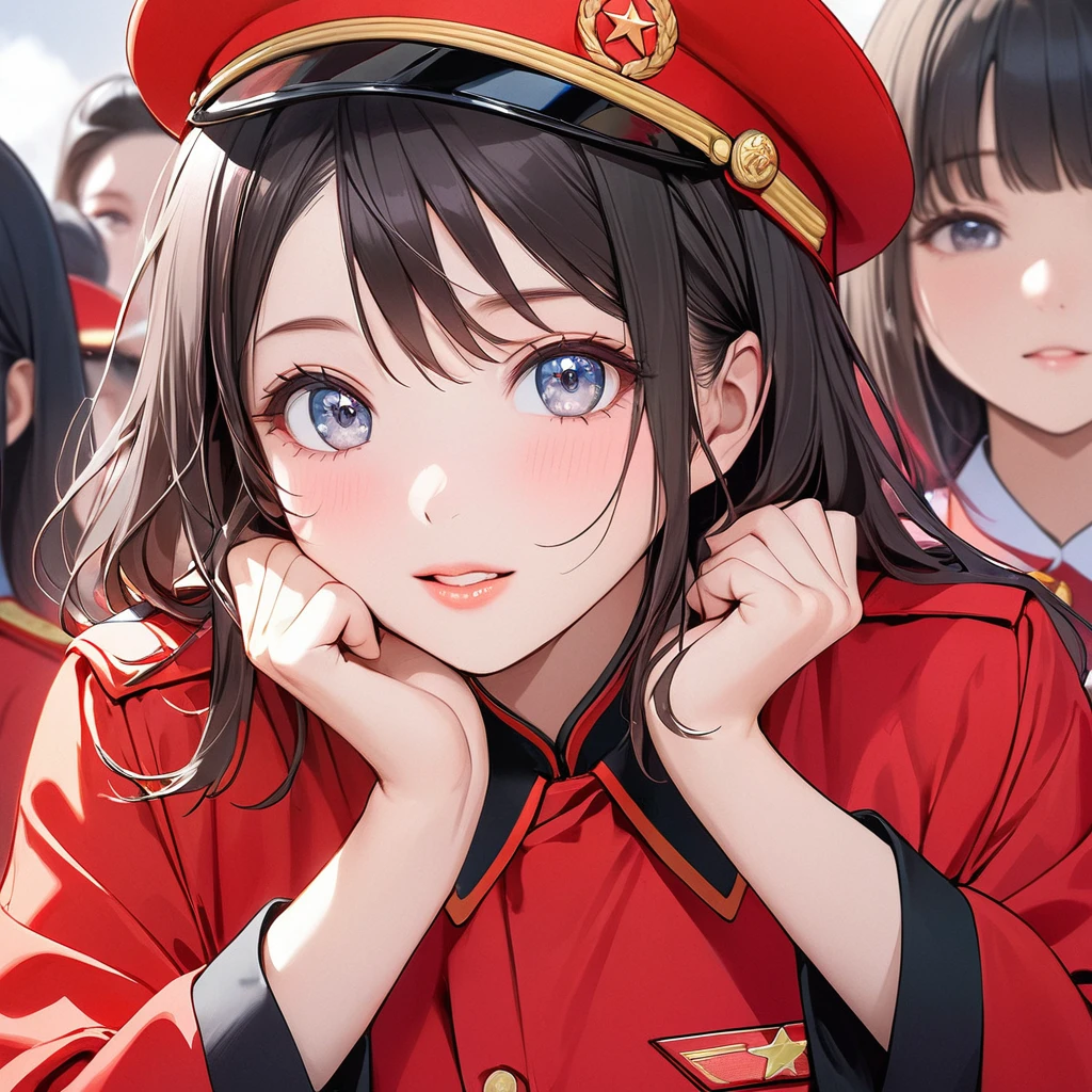 ((Highest quality)), ((masterpiece)), (detailed), （Perfect Face）、The woman is Satomi Ishihara, with black hair and wearing a red Communist uniform, who has become a member of the Chinese Communist Party, a woman for China, and pledges loyalty to the country.