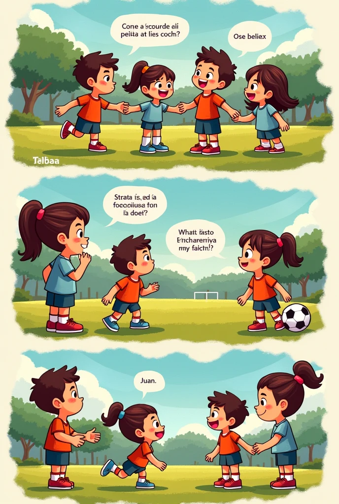 illustration, 12 year old girl in underwear, pointing at a skinny 7-year-old boy in sportswear on a soccer field, surrounded by other children
