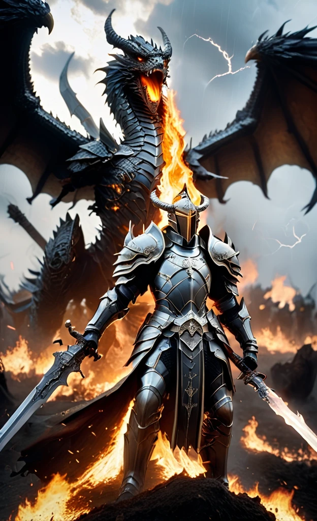 A cinematic medium shot of a massive warrior standing in the heart of a battlefield. His armor is shiny and has an aura of power around him. He is holding a massive flaming sword, and the flames reflect off his helmet adorned with metal wings. The sky is dark and filled with storms and flashes of lightning. The ground around him is cracked and filled with ash. Behind him, a horde of armored soldiers stands, shouting and preparing to charge towards the approaching massive creatures. In the sky, a massive black dragon with flaming breath soars, facing another warrior who rides the back of a giant eagle, holding a glowing spear, ready to deliver the decisive blow.