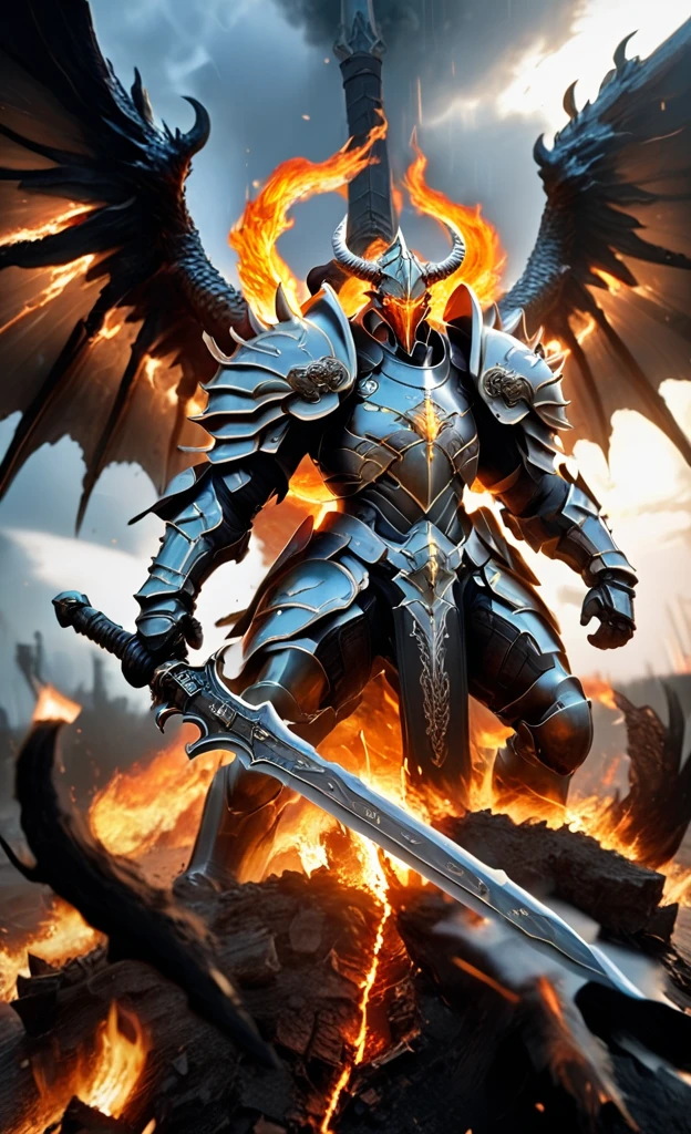 A cinematic medium shot of a massive warrior standing in the heart of a battlefield. His armor is shiny and has an aura of power around him. He is holding a massive flaming sword, and the flames reflect off his helmet adorned with metal wings. The sky is dark and filled with storms and flashes of lightning. The ground around him is cracked and filled with ash. Behind him, a horde of armored soldiers stands, shouting and preparing to charge towards the approaching massive creatures. In the sky, a massive black dragon with flaming breath soars, facing another warrior who rides the back of a giant eagle, holding a glowing spear, ready to deliver the decisive blow.