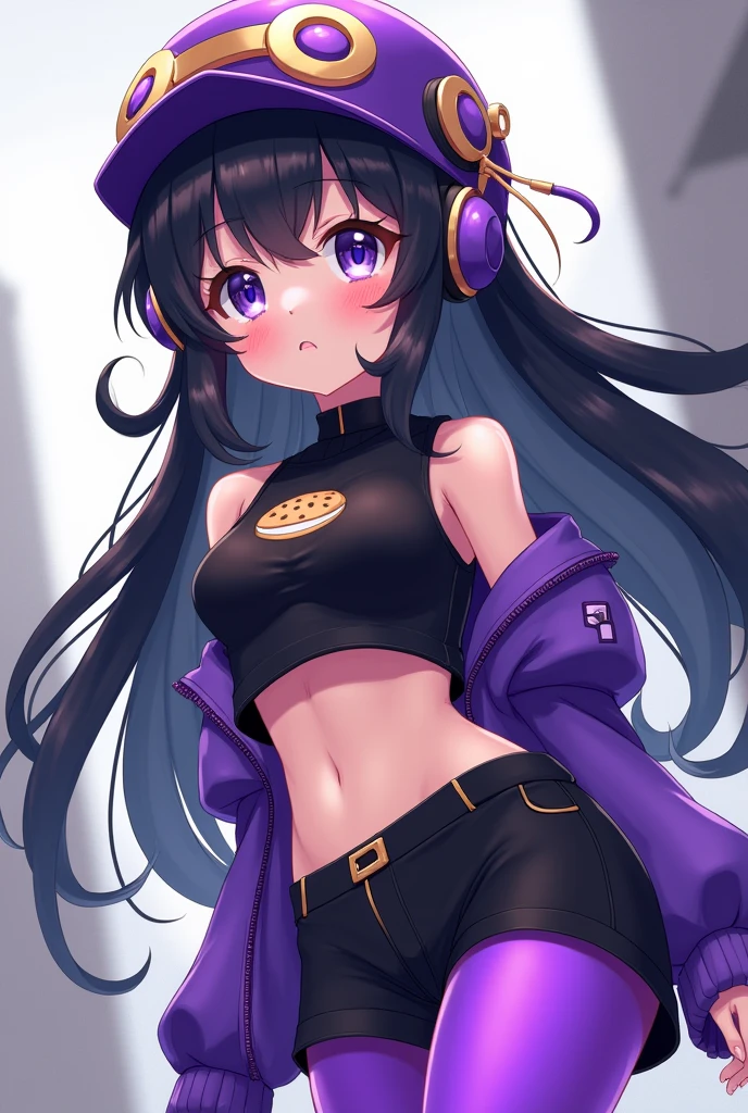 (High quality, High resolution, Fine details), Realistic, solo, ocersized sweater,  super shortskirt; woman, BREAK really long black hair, sparkling prurple eyes, (Detailed eyes), smil, Soft tones, shallow depth of field, thicc thighs, poofy hair, wavy hair, cute bangs, small breasts, high angle shot, very tan skin, sotting in gaming chair, (((black sweater))), white skirt, cozy, heavy makeup, headphones