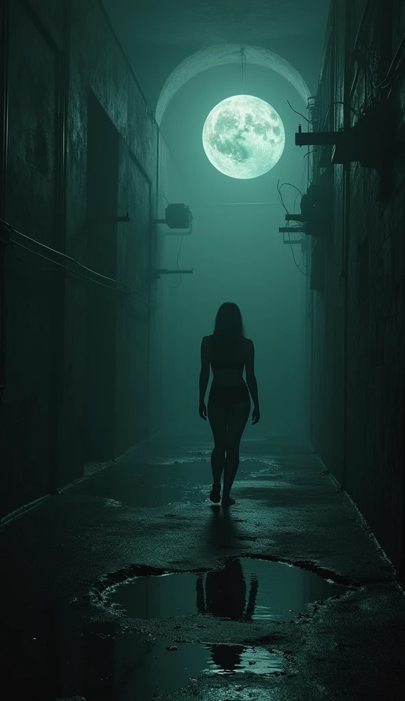 high, Very thin, thin tall narrow girl., in tights all over her body and with a hood. naked , fatty, highly shiny body on a very dark night, Dim lighting at dusk, dark fantasy,in heels