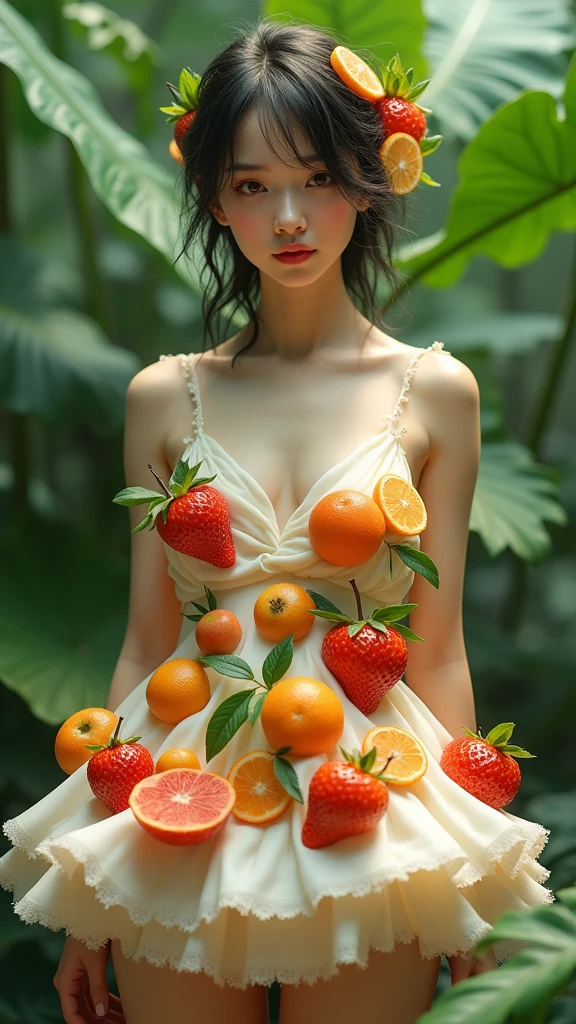 An adult sexy white body chiness girl wearing green grapes clothes standing front showing his whole body.