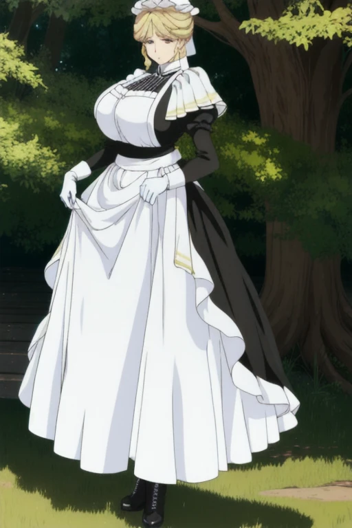 Maria_VM, huge_breasts, standing, solo, VIctorian_Maid_Uniform, masterpiece, best quality, detailed face, detailed eyes, highres, white gloves, heels boots, long skirt, standing, under tree