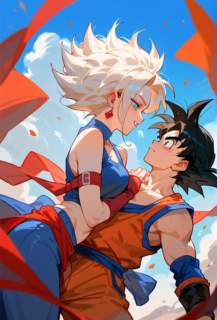 A couple of friends hugging in an emotional farewell atmosphere, next to a spaceship. The boy is tall and adult, with black hair and black eyes, wearing a Dragon Ball Z style battle suit. The girl has blonde hair, blue eyes, and has two pigtails falling over her shoulders decorated with pink ribbons. She wears a pink jumpsuit dress. The art should capture the iconic style of Dragon Ball Z, with an atmosphere that reflects the emotion and sadness of the moment of farewell.