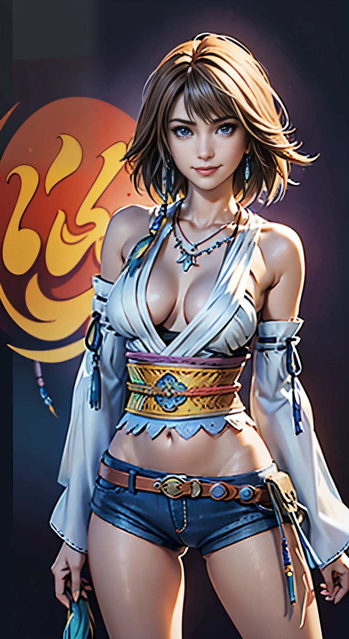 4K,masterpiece, highres, ultra detailed), 1 female, 2, yuna of final fantasy x2, more mature looking, ((simple background)), plain dark background, ((nothing in background)), hyperrealistic, yuna's final fantasy costume, Yuna's original costume design in Final Fantasy X2, (((https://www.creativeuncut.com/gallery-01/ff10-2-yuna2.html))), tattered skimpy denim shorts, asymmetrical clothing features, sash on left hip, best clothing simulation, no collar, 1female, windy night, yuna's bob hair style, busty, cleavage, middle_breast, thicc body, smile, no dangling sleeves, close-up shot, full frontal shot, zoomed in shot, head to hips image scope, closed-mouth smile, head to hips, character facing and looking at camera, looking at you, YunaFFX, blue-beaded earring, show nipples, medium breasts, show vagina, spread legs.
