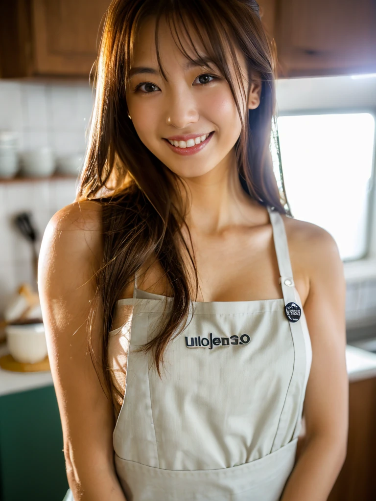 onoff,side-by-side photo,split screen,best quality, highly detailed, masterpiece, ultra-detailed, illustration, ultra high res, (photorealistic: 1.4, 8k), kitchen,woman, Japanese,30yo,beautiful,(Slender body:1.1),(small breasts:1.1),visible shadow of erect nipples,wearing apron on hoodie and sweat pants, day, smile,Black hair, mideum messy bun,