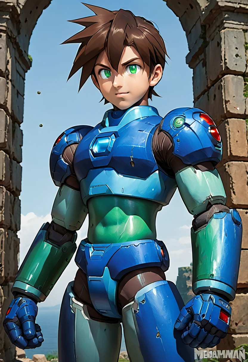 Highest quality,RAW Photos,Professional Art Works,m3g4m4n,Blue Armor,Muscular,Brown Hair, boy,male focus, brown hair, green eyes, 独奏, android, hair between eyes,Ancient ruins with floating red and green crystals,Crying face,(((Huge muscles,Huge erect penis,Have sex with another Megaman))),Excessive sweating and drooling,Massive ,3 boys smiling