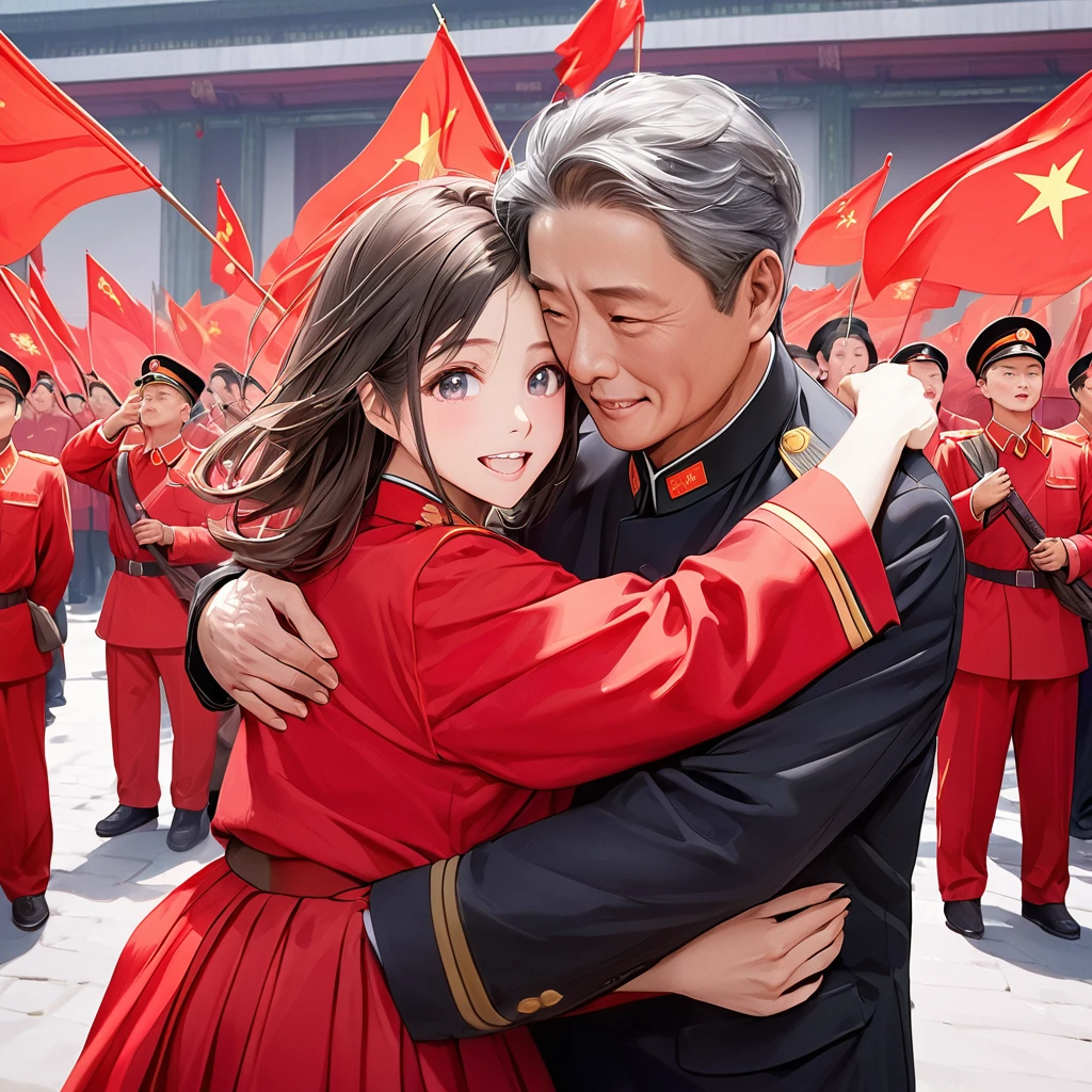 ((Highest quality)), ((masterpiece)), (detailed), （Perfect Face）、The woman is Satomi Ishihara, with black hair and wearing a red Communist uniform, who has become a member of the Chinese Communist Party, a woman for China, and pledges loyalty to the country.、The woman is seen happily hugging a middle-aged man who is a Communist Party official of China and being held by the man.