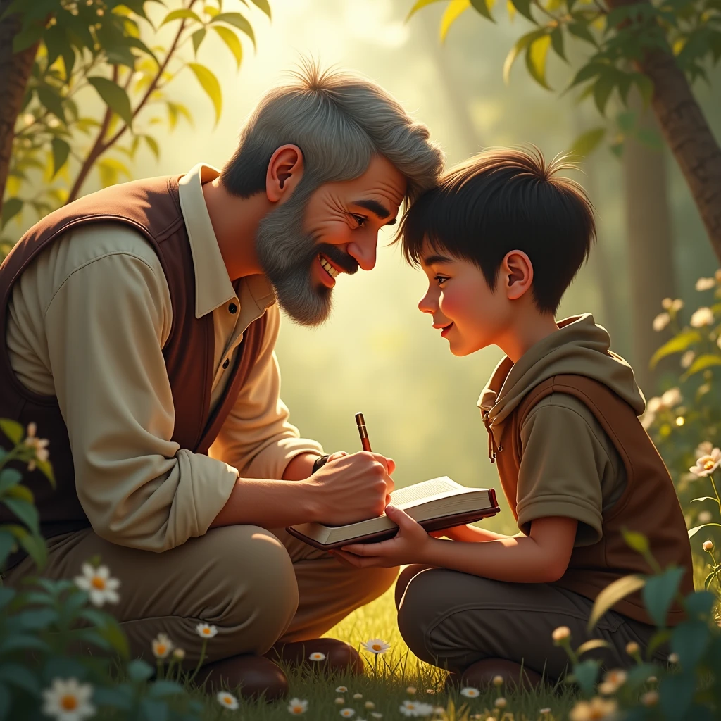 A farmer doing at fields and one boy eating meal under the tree