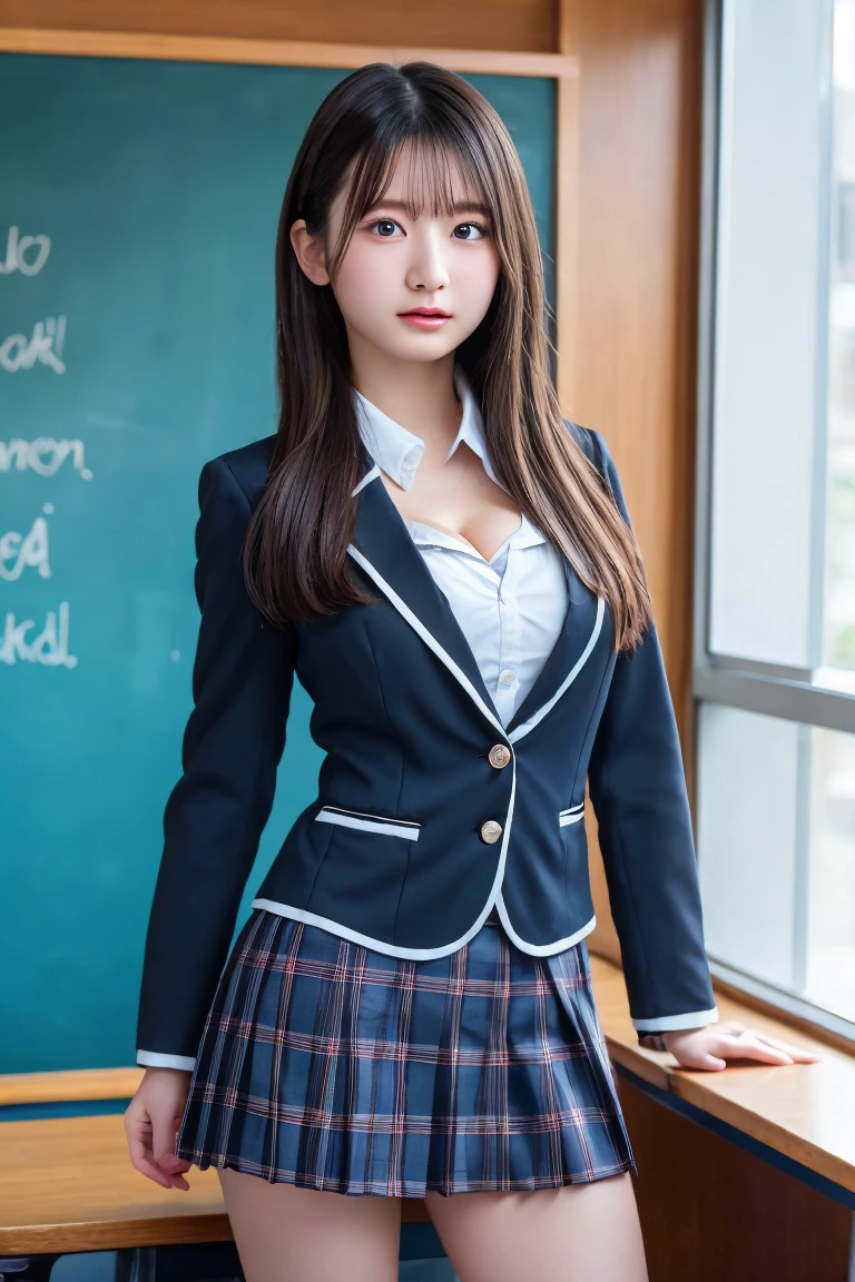 dynamic pose,plunging necklines,bursting breast,cleavage,Browsing Caution,Highest quality,Ultra-high resolution,1 person,whole body,Black hair, cool expression,Looking into the camera,Beautiful and elaborate face,Fine and beautiful skin,Skin Texture,high school student,uniform,Checked mini skirt,Classroom after school,Standing pose