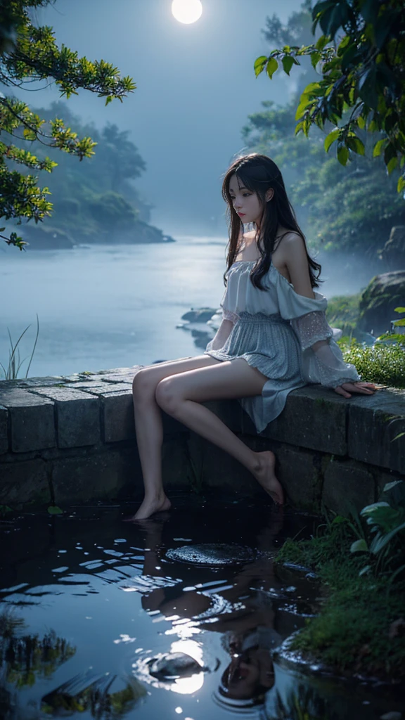 (masterpiece, best quality:1.2), 1 Girl, Solitary, Deep in Wonderland，Moonlight falls like water，Foggy Room，The heroine&#39;s figure is vaguely visible，Like a fairy in a painting，Slender sexy legs，Very beautiful legs，Leaking sexy legs，Large Breasts，美丽而又带着一丝mystery的色彩。Her face is beautiful and delicate，Like a finely carved jade，Showing extraordinary beauty。The eyebrows are so pretty，The waves in my eyes are like twinkling stars，Show the light of perseverance and wisdom。The bridge of the nose is straight，Cherry lip color，The slightly upturned corners of the mouth reveal confidence and calmness。Her face is chiseled，Skin like jade，Reveal healthy glow，Just like fairies, She never eats worldly fireworks。Her makeup is light and delicate，No excessive embellishment，But it is enough to show her temperament and charm。Light foundation highlights the translucence of the skin，A light eyebrow pencil outlines her perfect eyebrow shape，Eye makeup is eye shadow and eyeliner，Make her eyes brighter、Energetic。嘴唇涂上grace的口红，Add a touch of charm and sophistication。她的衣服grace别致，Clothes fluttering，As if the wind will blow it up at any time，Drifting away。既不失grace，She also showed her extraordinary ball skills。Swaying with her movements。Her hair was tied back casually.，Secure with a jade hairpin，A few strands of hair fluttering gently in the wind，Add a touch of softness。Her figure looms in the fairyland，宛如一道Large Breasts美丽的风景线，Attracted everyone&#39;s concern。She seems like a fairy in wonderland，Large Breasts美丽、grace、mystery、Full of power。