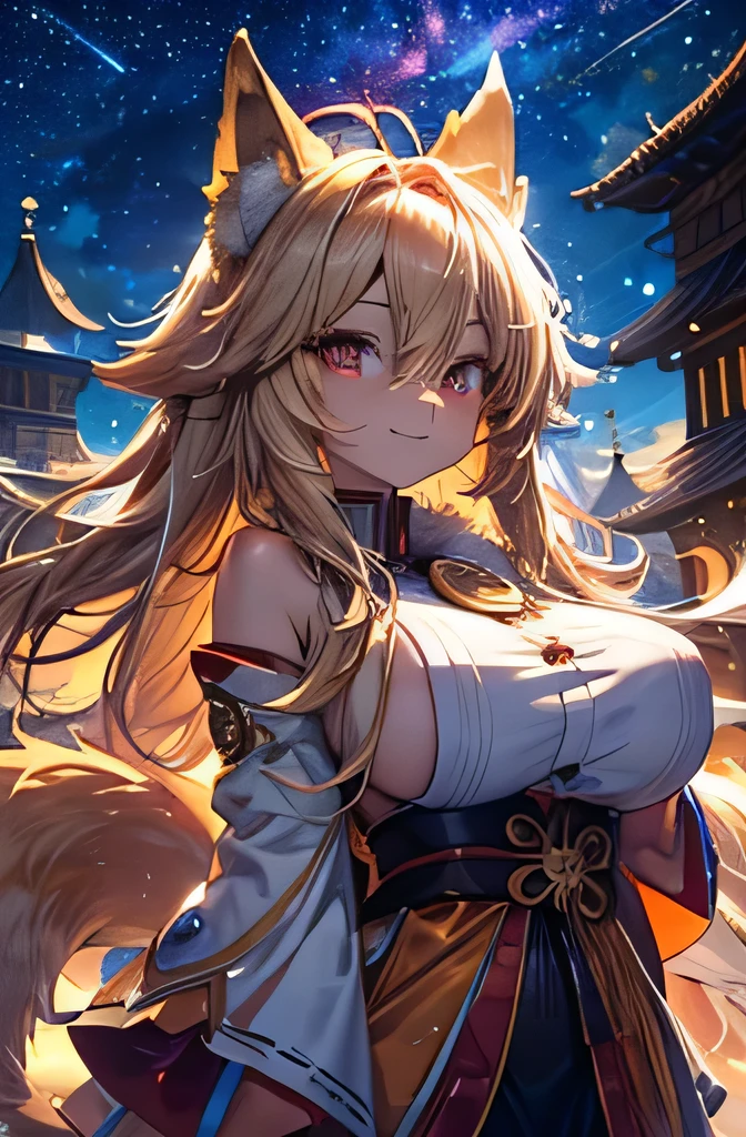 Fox girl, furry, furry, golden fur, golden face fur, long blonde hair, reddish-orange gradient eyes, super cute face, brown element on fur, miko, beautiful lights and shadows, ambient light, super fine fur, volumetric light, night, clouds and stars in the sky, starry sky outside, shooting stars, natural lighting, smile, fluffy tail, color contact lenses, big boobs, thicc, nipple outlines