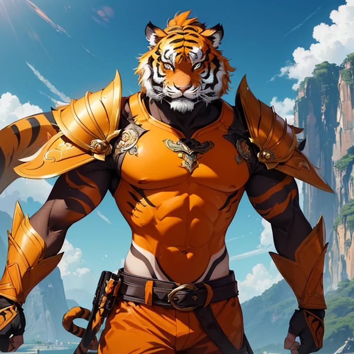 A closeup shot of a furry cartoon character, Anthropomorphic tiger male, Official Character Art, This character has cryokinesis abilities, Muscle Tiger Man, an Anthropomorphic tiger, Duelist Style, Firmware version, Wolfe O&#39;Donnell, Anthropomorphic tiger, Male tiger, Furry Characters