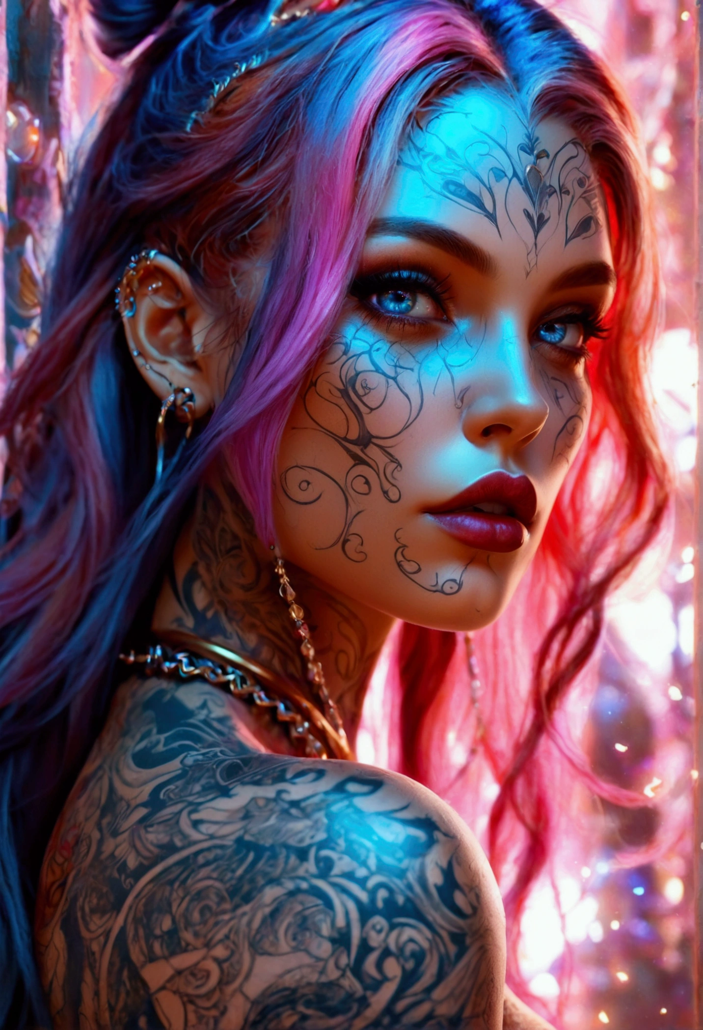 beautiful digital artwork, beautiful digital art, detailed beautiful face, 8k high quality oled detailed art, very beautiful digital art, digital art. highly detailed, beautiful detailed body, Create a hyper detailed photograph of a perfectly simetrical tattooed curved drop dead gorgeous lillith, Stunningly perfect gorgeous feminine face, perfect makeup, detailed vibrant neon sapphire eyes, very long hair, tan skin, Gentle facial curves, Fuller cheek bones, Smaller and wider-set eyes, Less pronounced jawline, Symmetry perfection Proportion facial features, sexual curved heart shaped mouth, long beautiful tattooed legs, beautiful tattooed arms, perfect feminine curved body figure, detailed silky smooth skin, gigantic huge breasts, perfect heart shaped ass, beautiful long tattooed legs, Wearing lillith chain Jewels,