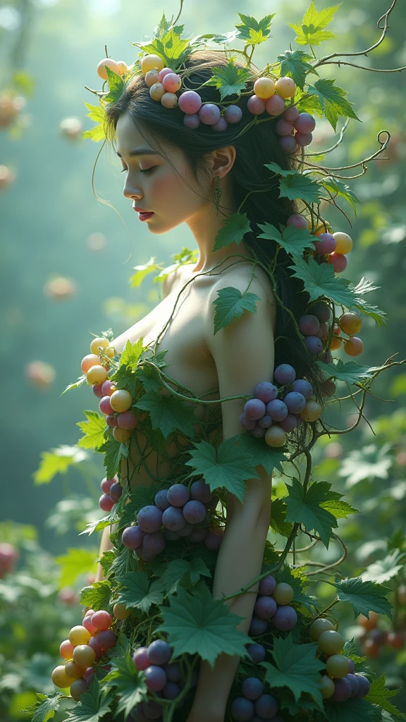 Create a work of art depicting a nude woman, embodying the essence of the goddess of abundance and fertility. She sits gracefully, pulling up my knees, holding a basket in her hands, filled with various fruits, like grapes, Figs and pomegranates. Her hair is adorned with a crown of flowers and leaves