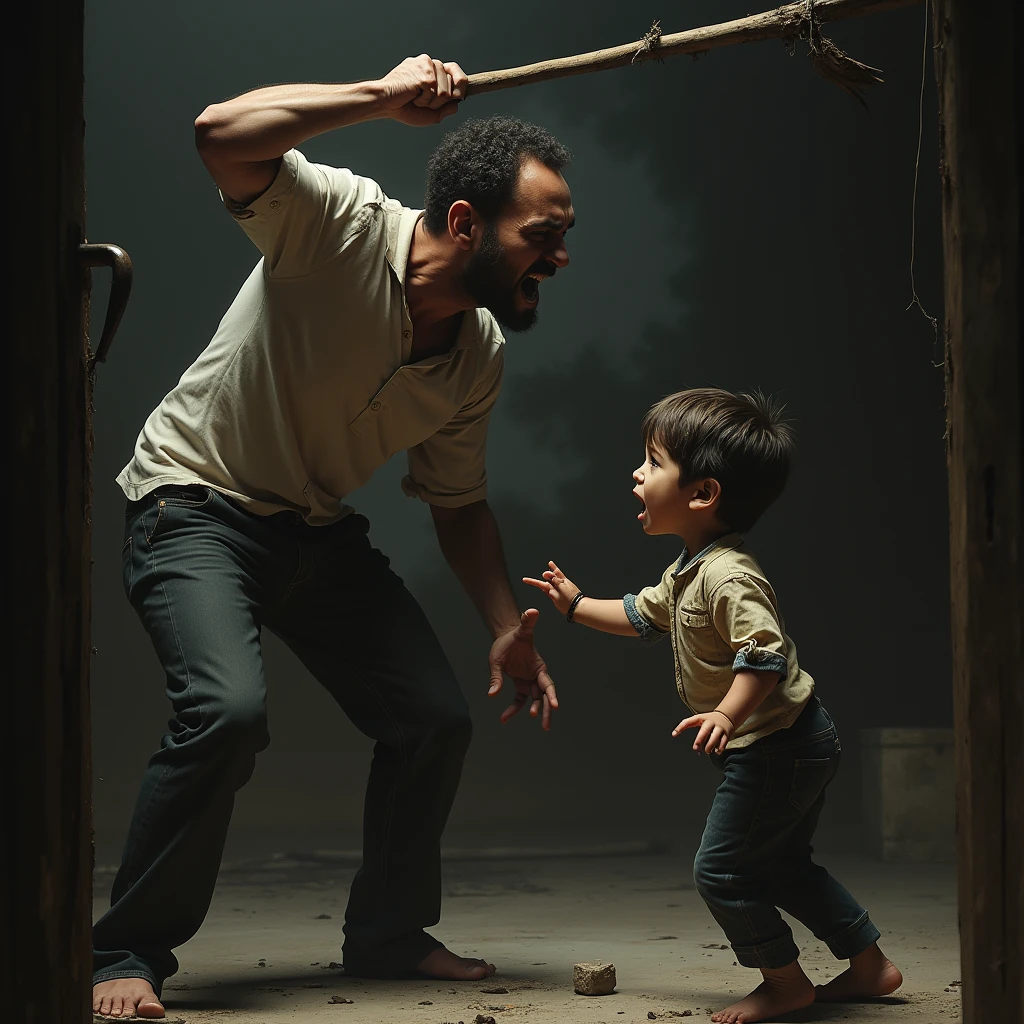 A boy strangles another boy, makes a face of pain, and presses him to the ground.