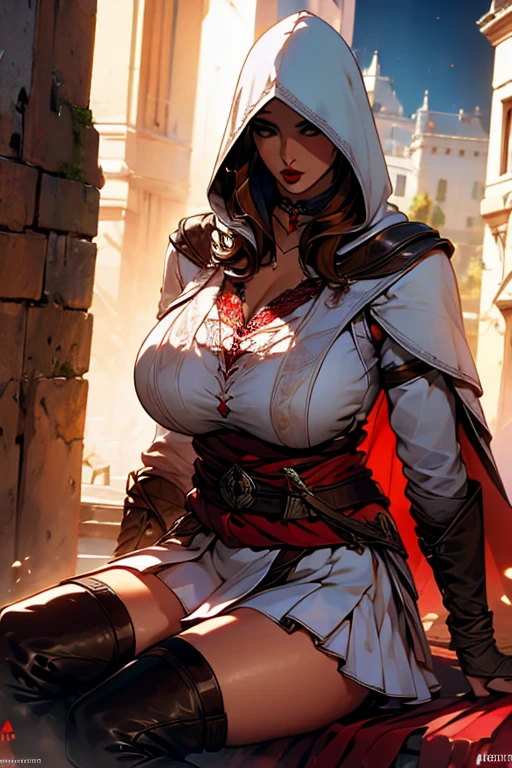 The woman, knee high boots, Bracelets on the legs, socks, stockings, (((hood, hood,layer, Cloak))), torn clothes, Waders, castle in the background, castle, ))Gothic, Dark,evening, night,)) Very detailed, Realistic long-term photography, 4k, by the wide, brown hair, By the chestnut, Red lips, choker, shocks, sexy,red lips, brown eyes, big breasts, big breasts, breasts