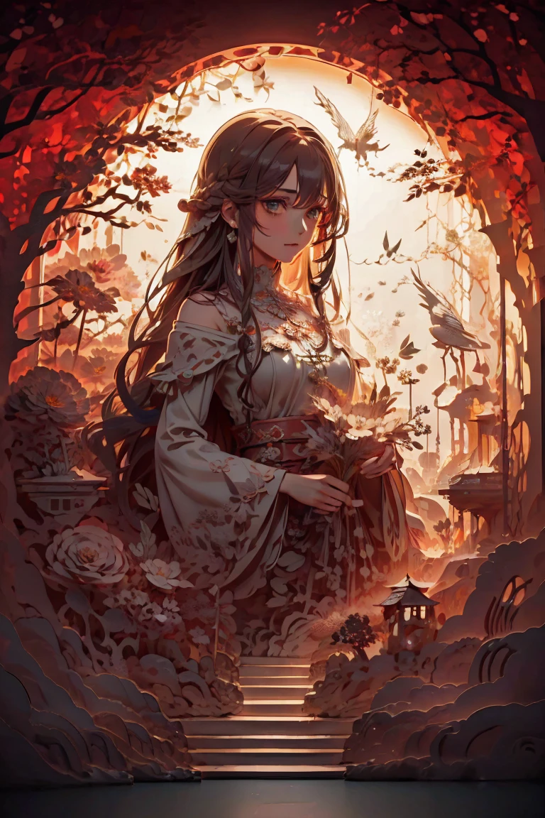 (masterpiece),(best quality), illustration, (fantasy:1.4), Brown long hair, Long eyelashes, Three-dimensional round eyes, A faint smile, Surrealism, shadow, comfort, Stereoscopic View, Atmospheric perspective, 8K, Extremely detailed, precise, best quality, Ultra HD, Textured Skin, Long skirt, A moon, Flowers , Paper_cut