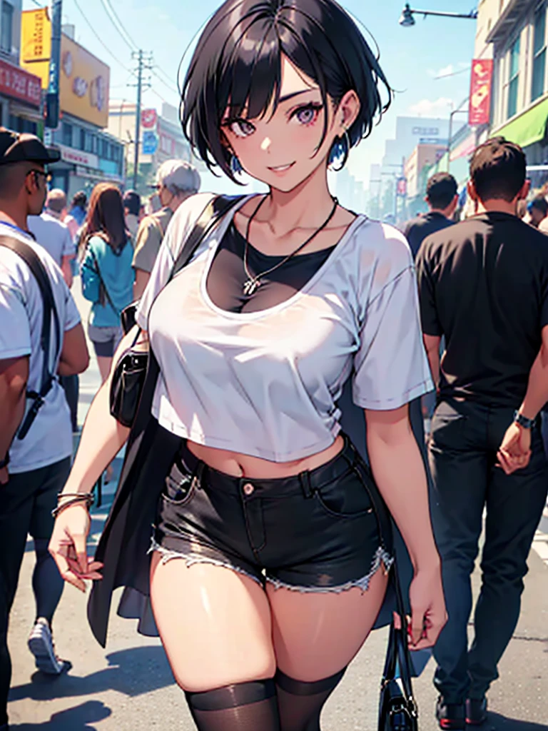 A beautiful woman is walking,Sharp Eyes,Watching the viewer,(Large Breasts),Creepy Smile,Earrings,One necklace,Shorts,Cropped T-shirt,Over the knee socks,Short black hair,