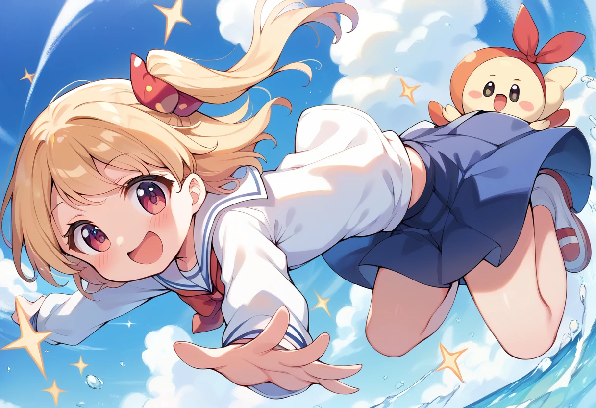 1girl, 独奏, hinata, one side up, blue dress, white sailor collar, white long sleeves, red bow, happy, blush, indoors, looking at viewer, masterpiece, Highest quality, High resolution, sky diving, cute woman flight in the cloud, cloud, flight, fun, smile, shout, Big Jump, fall, Wide Shot, White children's underwear, (Strong wind 1.3), (pull clothes, Increase in wind power, Pulling on skirt)