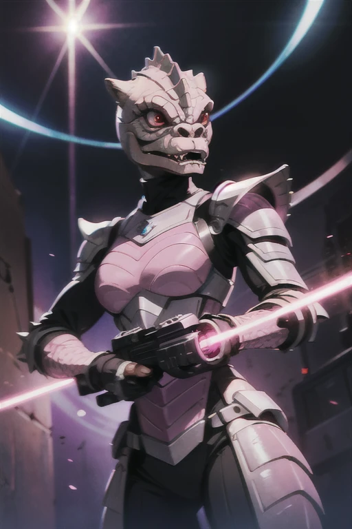 trandoshan alien female,metal armor,shooting laser (pale pink scales)