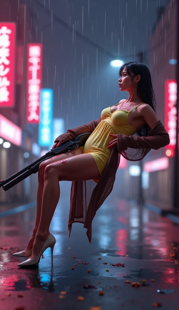Cinematic movie poster of (nude gorgeous Chinese|Filipina woman), in sci-fi cyberpunk ally, standing, feet, blue pink orange green lighting, best quality, studio lighting 