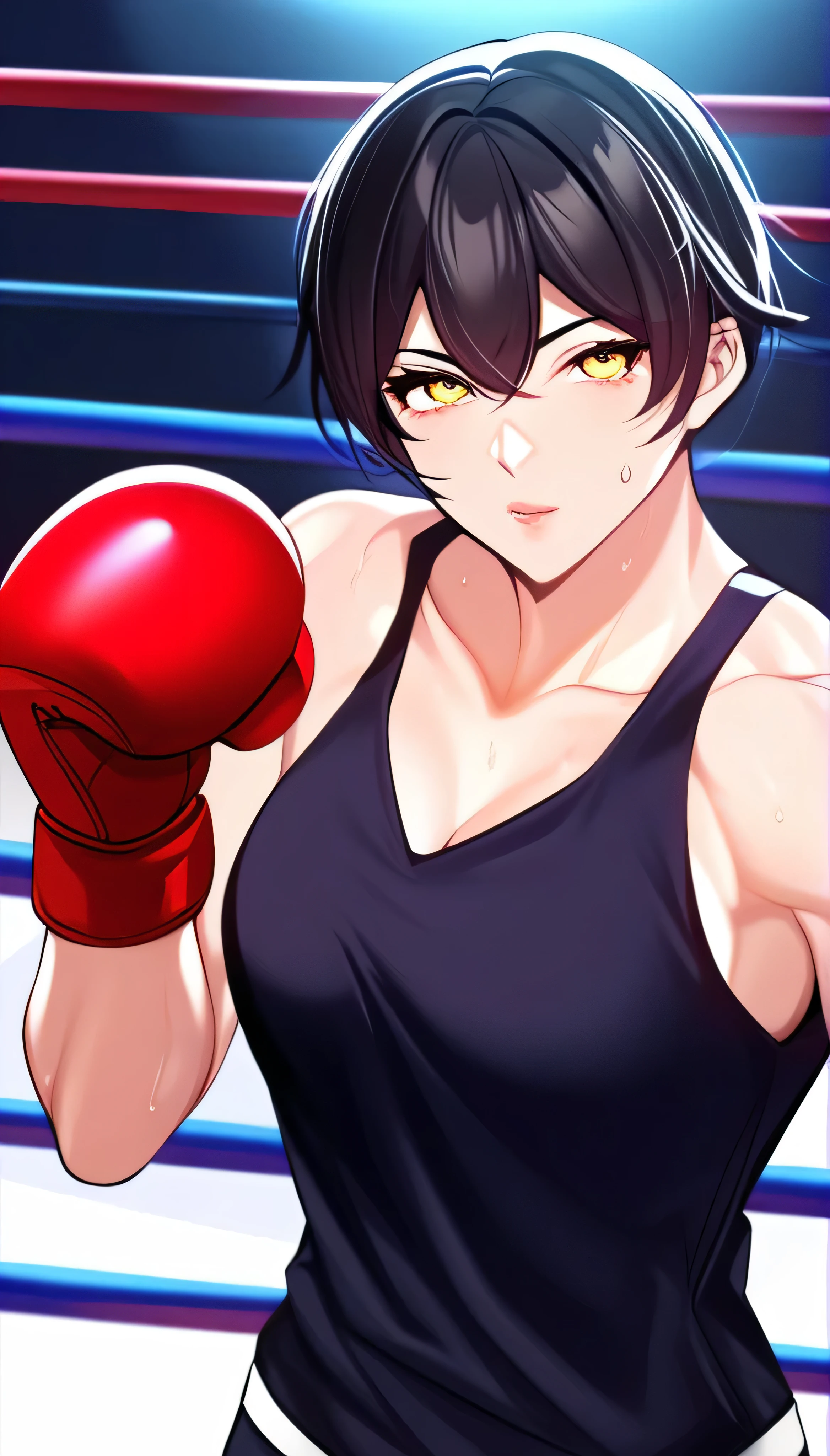 1 girl, black hair,masterpiece,best quality,highres,ultra-detailed,aashizue,yellow eyes,short hair,(sleeveless hoodie:1.2), boxing gloves, toned, sweating,boxing stance, (sleeveless:1.4)