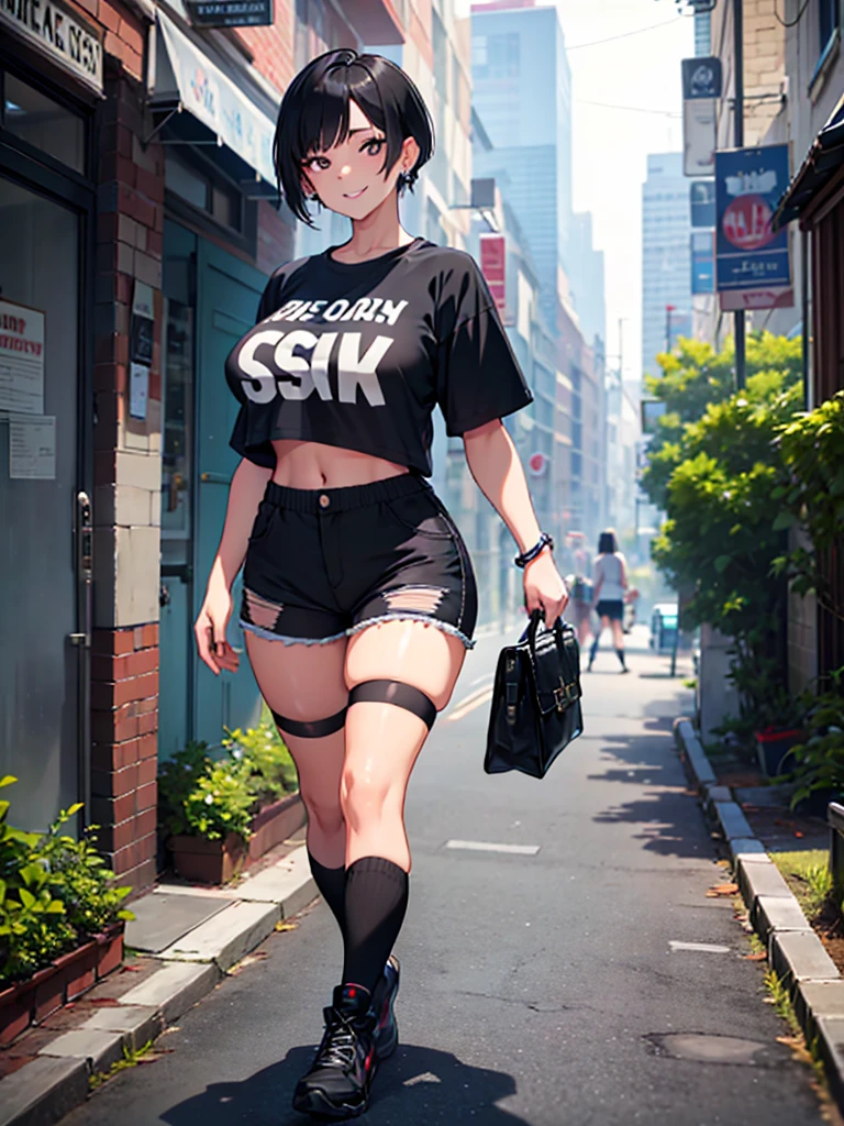 A beautiful woman is walking,Sharp Eyes,Watching the viewer,(Large Breasts),Creepy Smile,Earrings,Shorts,Cropped T-shirt,Over the knee socks,Short black hair,