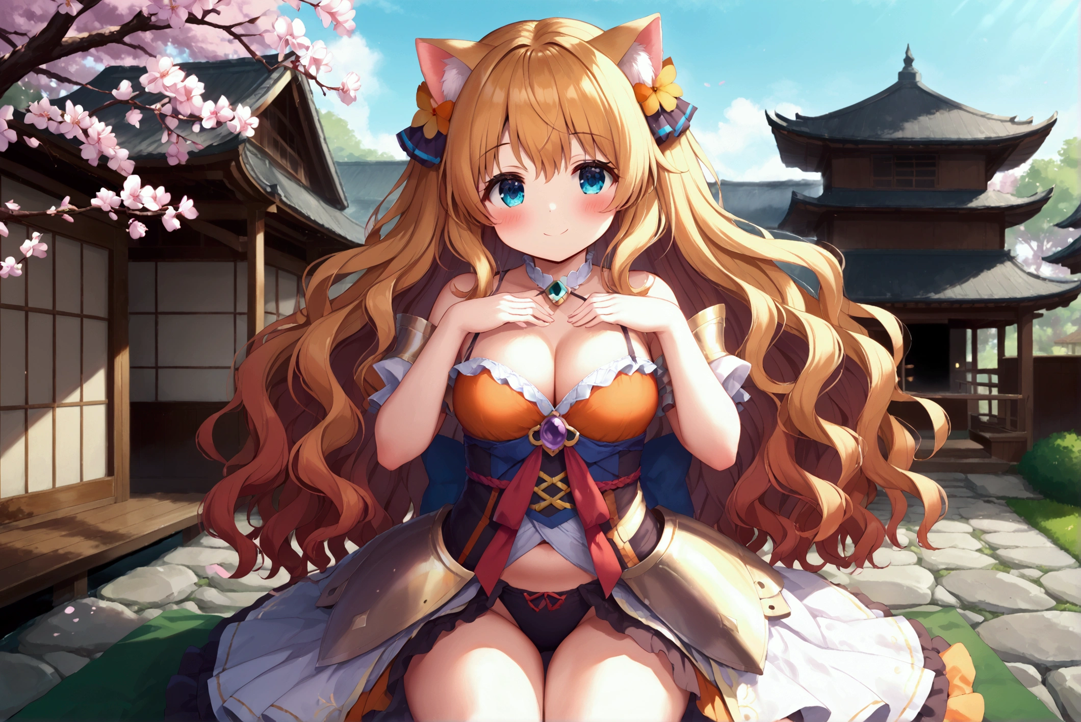 face close up、look up、flower hair ornament、masterpiece、Fluffy cat ears、goddess、Cream blonde color、pink inner color、blue eyes、highest quality、front、big breasts