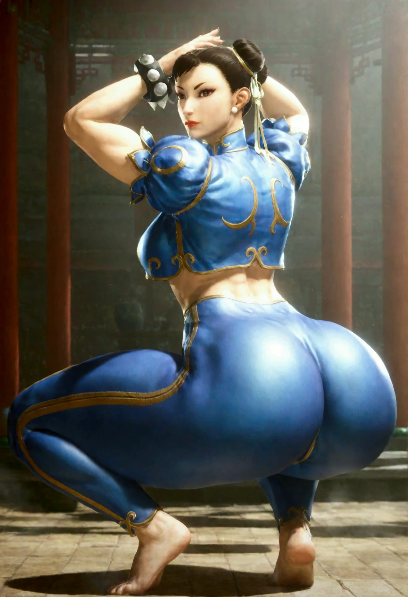 
tall woman, 30years , Chun-Li by STF 6 , big boobies, big-ass , perfectbody, musclegirl, fighter , wearing a short black top and blue leggings , accentuated neckline, 1 outfit , facing the viewer, pose sexy , crouched with hands behind head. big thighs , barefoot, ​masterpiece , intricate fine details
